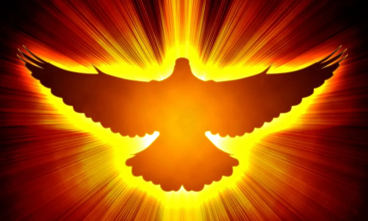 Golden dove shaped like a flame, symbolizing the Holy Spirit, on the conference banner