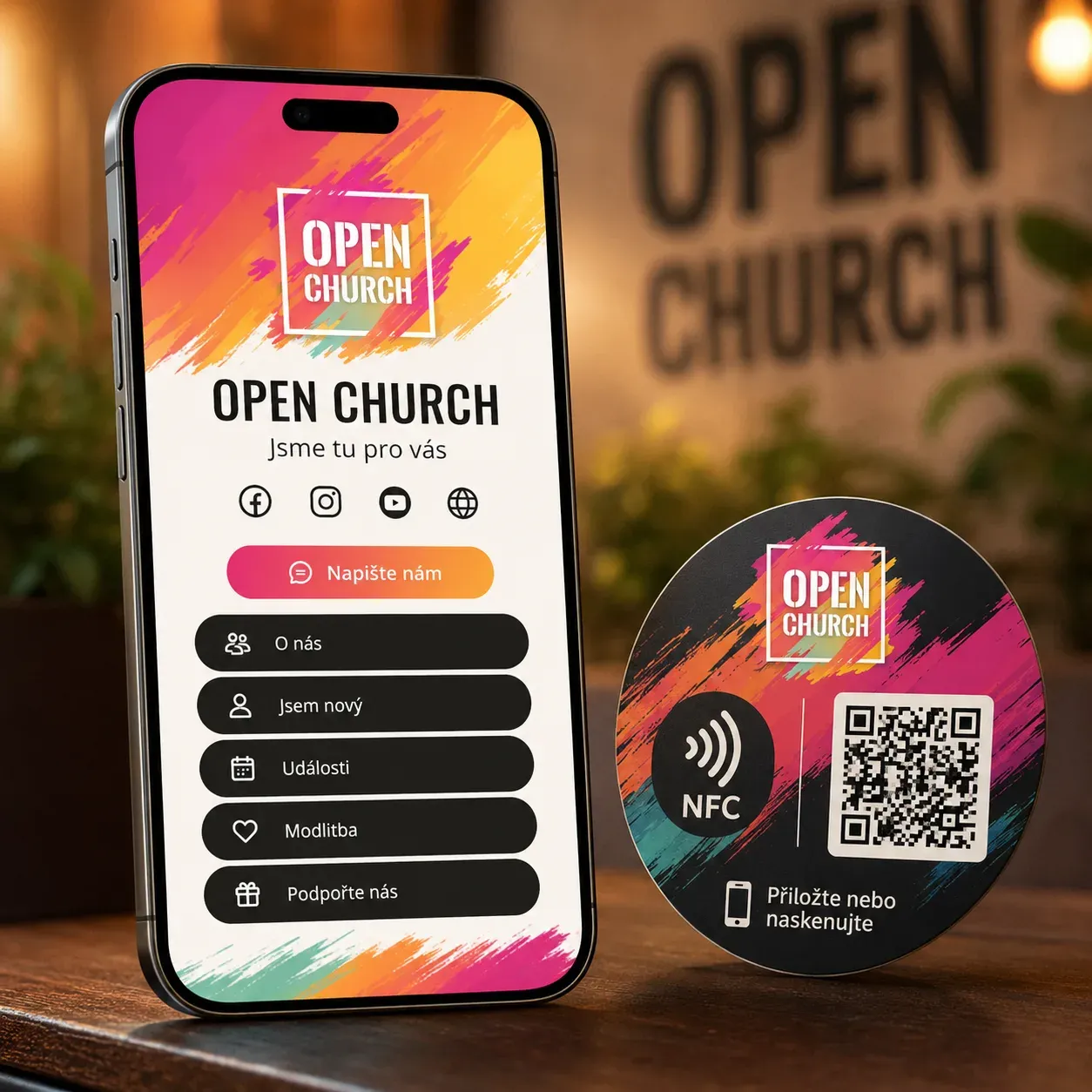 Telefon s mobilní stránkou sboru Open Church vedle kulaté NFC & QR samolepky na stole kavárny