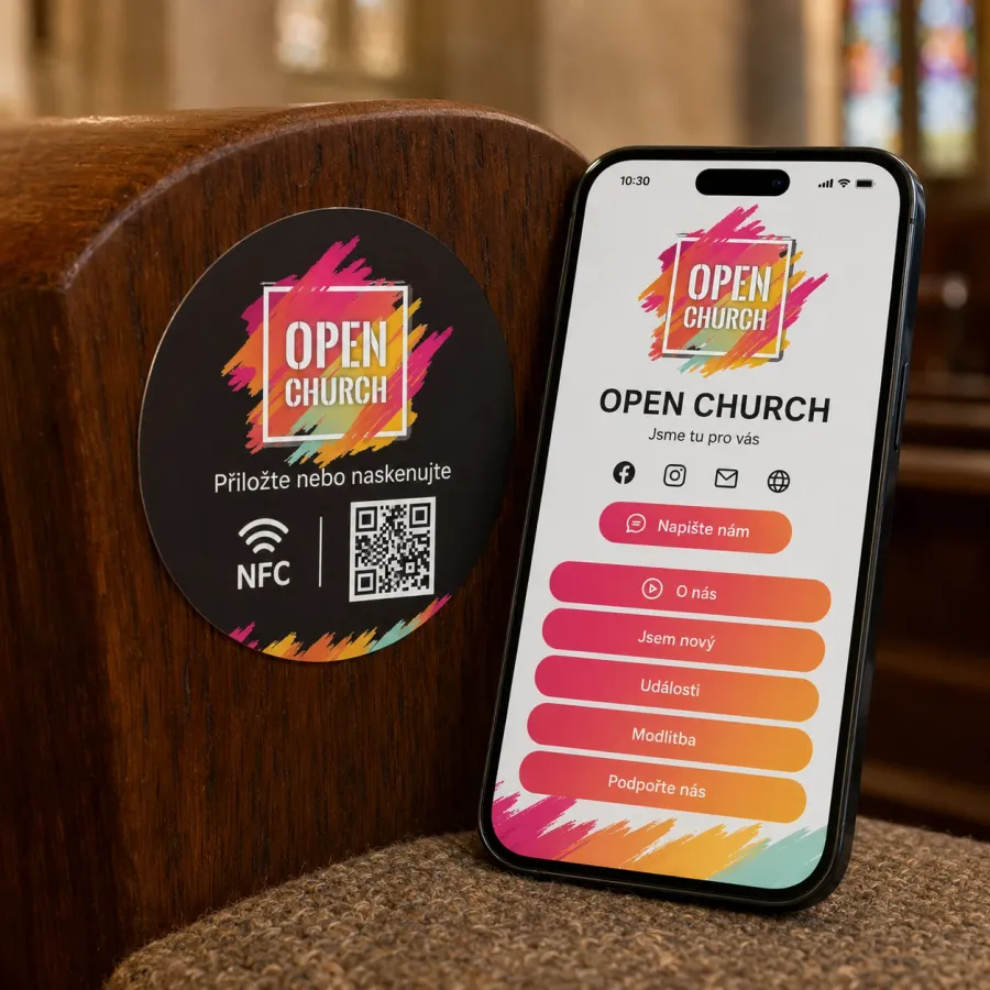 NFC & QR samolepka Unity Christ nalepená v prostoru sboru