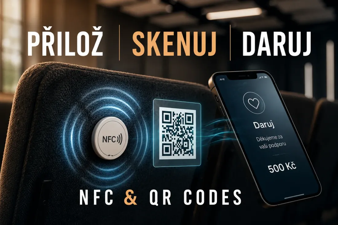 NFC samolepka a QR kód na operadle sedadla v sále, vedľa telefón s otvorenou darovacou stránkou