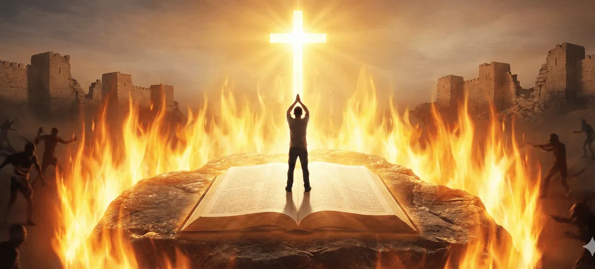 A person praying before an open Bible with a glowing cross