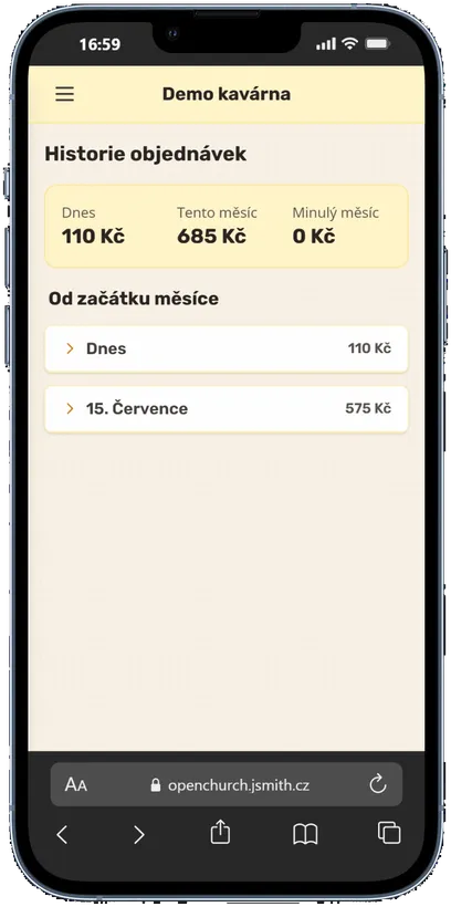História objednávok kaviarne s tržbami za deň a mesiac