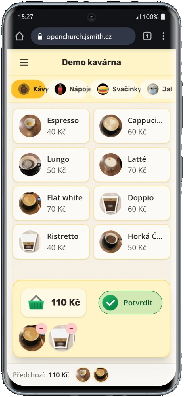Aplikácia Unity Café s ponukou objednávok
