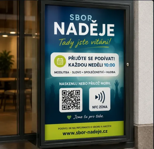 Plagát a A-stojan s QR kódom a NFC zónou