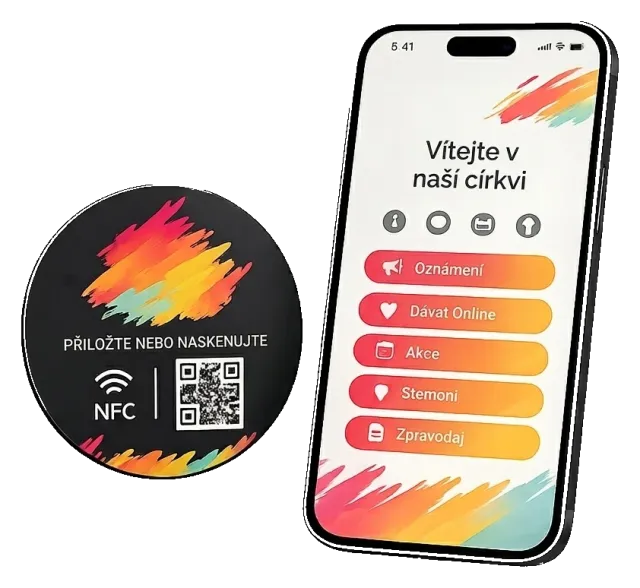NFC a QR nálepka Unity Christ s telefónom